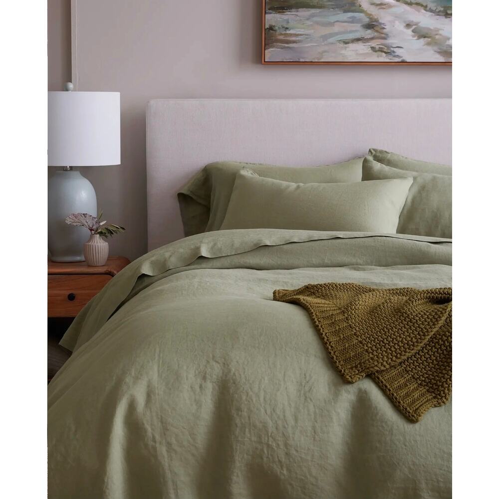 New Quince European Flax Linen Duvet Cover 3Pc Set Full Queen Sage $194 MSRP - Picture 2 of 7